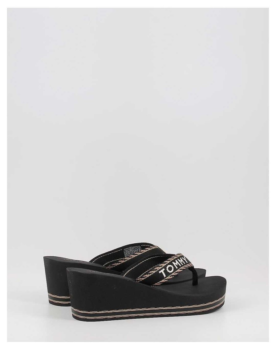 Mujer Tommy Hilfiger | Chanclas Tommy Hilfiger Tommy Webbing H Wedge Sandal Negro