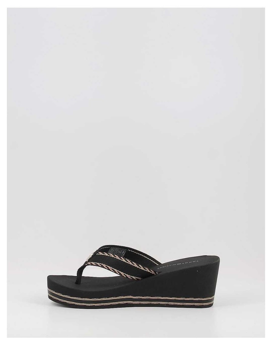 Mujer Tommy Hilfiger | Chanclas Tommy Hilfiger Tommy Webbing H Wedge Sandal Negro