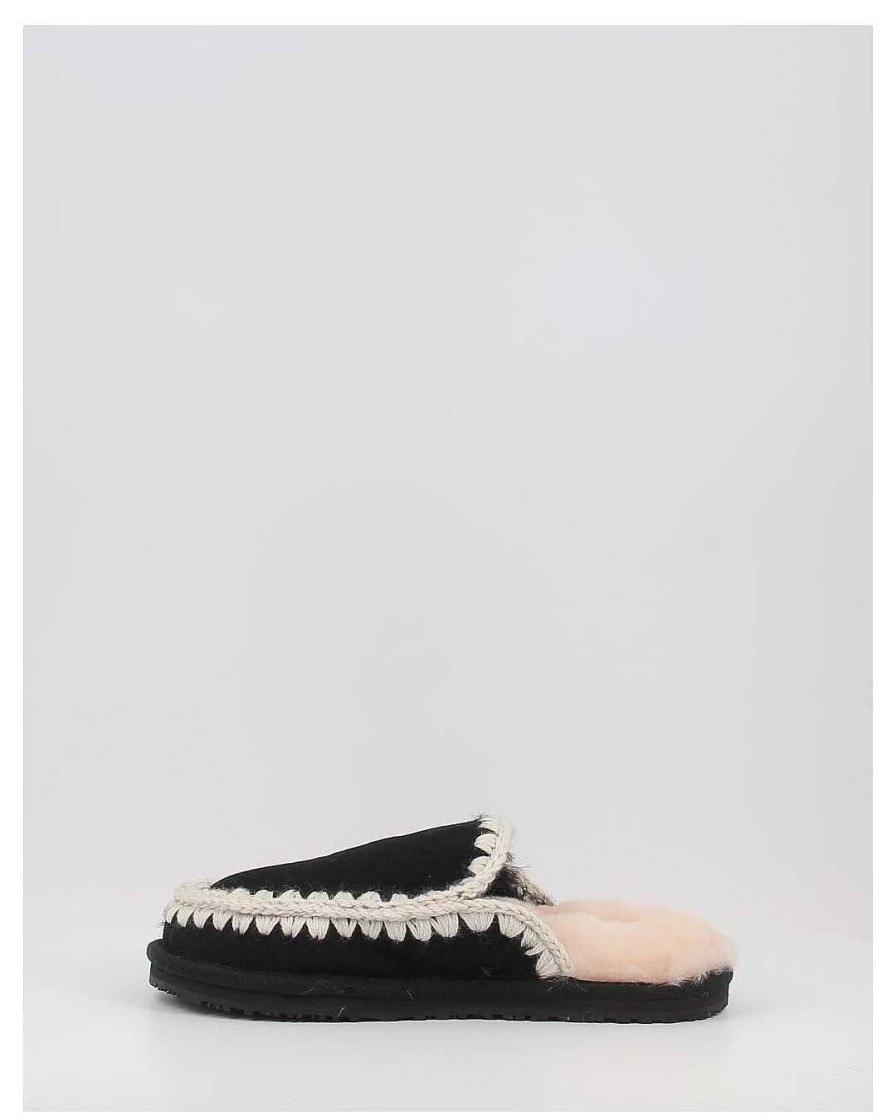 Mujer Mou | Zuecos Mou Suede Slipper Full Eskimo Stitch Negro