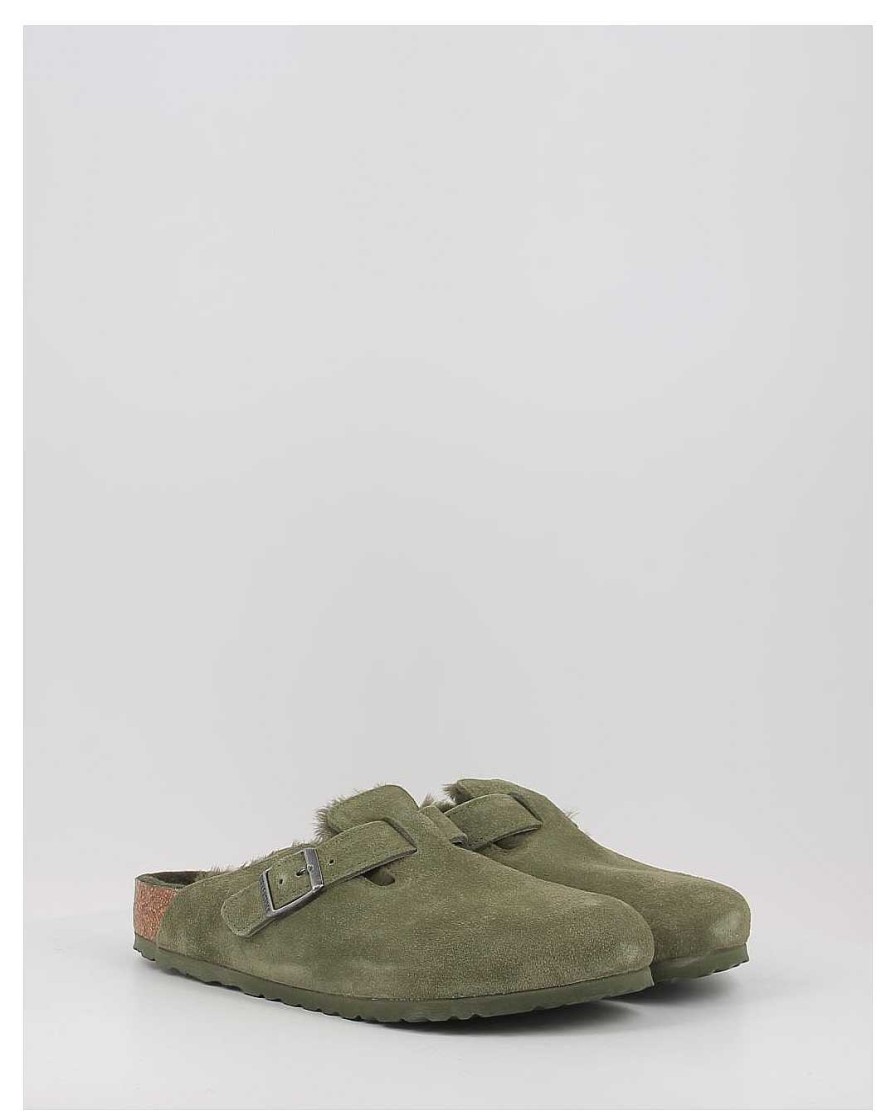 Hombre Birkenstock | Zuecos Birkenstock Boston Vl Shearling Verde